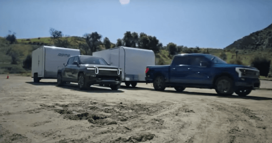 Watch a Rivian R1T and Ford Lightning electric truck go head-to-head in a towing test [Video]